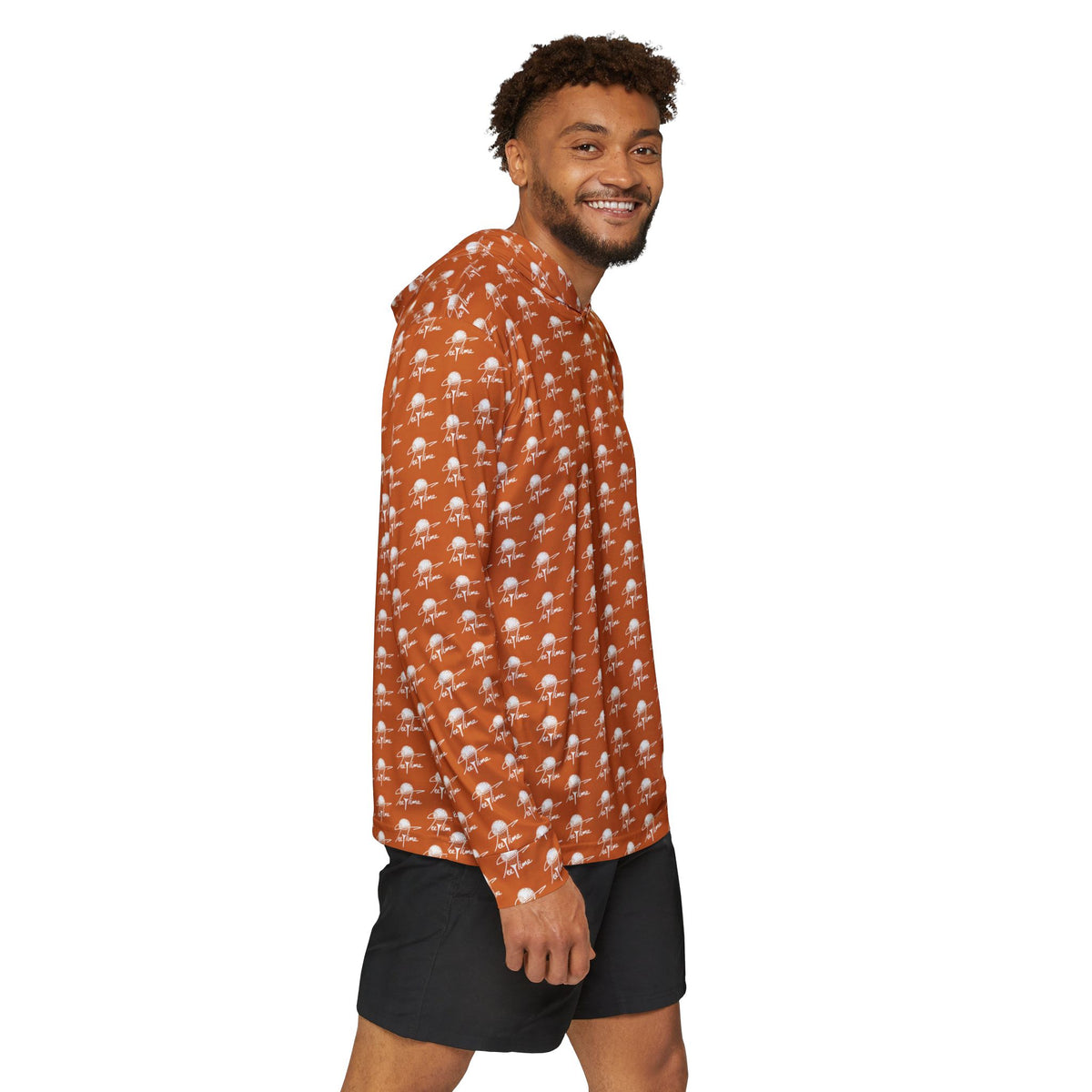 Orange Tee Time Pattern Hoodie — Men's All-Over Print Warmup Pullover